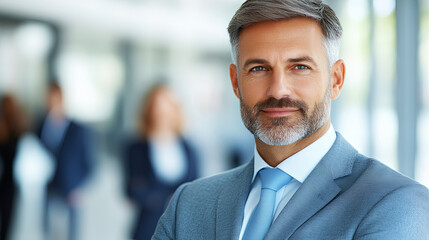 Fototapeta premium Professional Man With Gray Hair and Beard in a Suit Confidently Posing Indoors During a Business Meeting in a Modern Office Environment