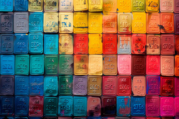 A colorful mosaic of license plates with the numbers 1 to 99