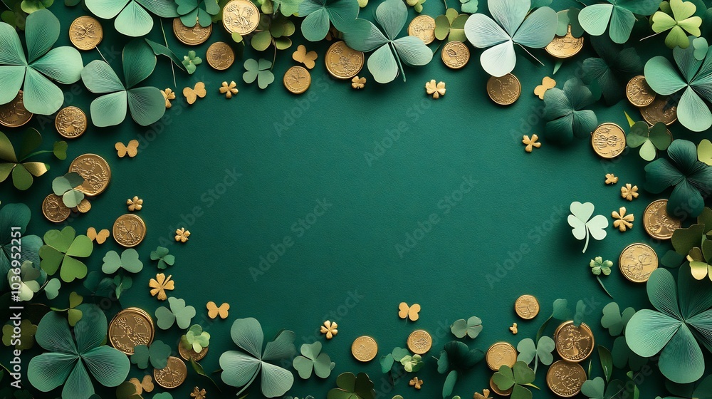 Poster whimsical st patrick's day setting a flat lay showcasing paper art fourleaf clover confetti interspe