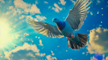 Fototapeta premium Pigeon flying, wings spread wide, blue sky background, dynamic motion.