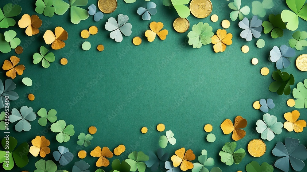 Poster whimsical st patrick's day setting a flat lay showcasing paper art fourleaf clover confetti interspe