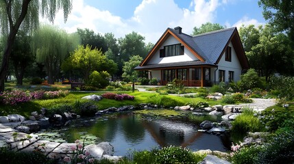 Obraz premium Modern House with Pond and Garden in the Countryside