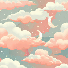 Fototapeta premium A magical sunset with a crescent moon and pastel-colored clouds drifting by, seamless design