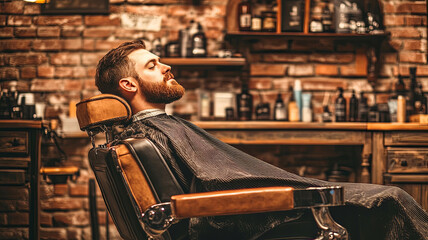 Relaxing Man Enjoys a Beard Trim in a Vintage Barber Shop With Exposed Brick Walls and Wooden Decor During a Sunny Afternoon