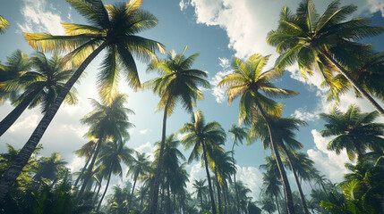 Fototapeta premium A tropical rainforest filled with towering palm trees swaying in the warm breeze, showcasing vibrant life.
