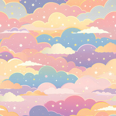 A pastel cloudscape with floating stars and a serene sunset, seamless design
