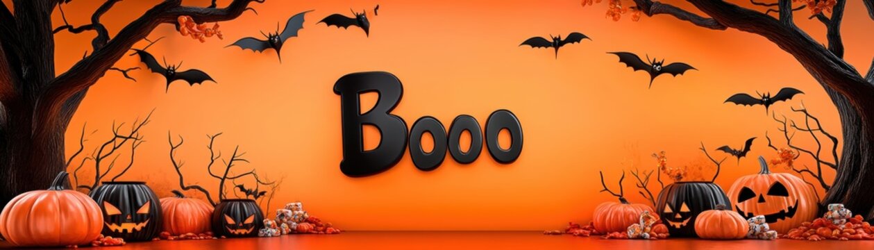 A festive Halloween scene featuring pumpkins, bats, and eerie trees with the word "Booo" in the center against a vibrant orange backdrop.