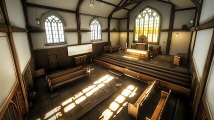 Fototapeta premium A serene interior of a church with wooden pews and large stained glass windows.