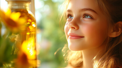 Fototapeta premium A Young Girl Admires Sunflowers in a Vibrant Kitchen Lit by Warm Afternoon Sunlight