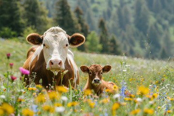 A cow and a calf are standing in a field of flowers