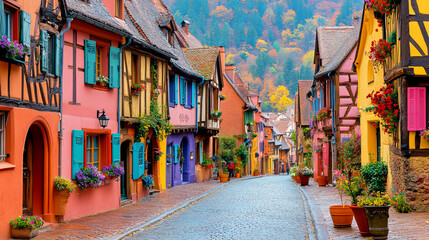 Naklejka premium Charming Colorful Houses Line the Cobblestone Street in a Picturesque Village During Autumn in the Alsace Region of France