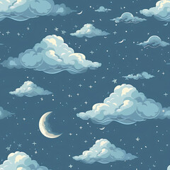 A peaceful night with blue clouds, a crescent moon, and twinkling stars, seamless design