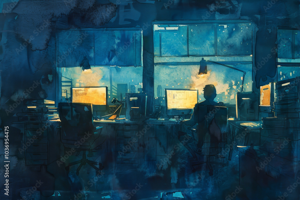 Poster a man is sitting at a desk with a computer monitor in front of him