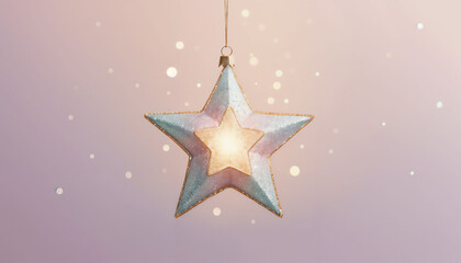 Obraz premium Shiny decorative star ornament with glitter hanging against a soft background, star decoration background
