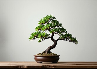 Japanese bonsai tree standing on a wooden surface