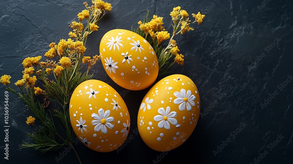 Aufkleber yellow easter eggs painted hand with delicate designs placed on a sleek dark surface the flat lay se