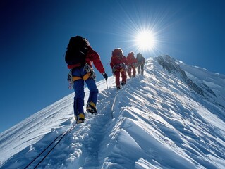 A team of climbers ascending Mount Everest, their bright gear contrasting against the icy, treacherous slopes, as they approach the summit under a deep blue sky