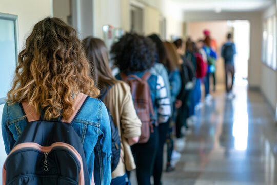 A group of students are lined up in a hallway, waiting to enter a building