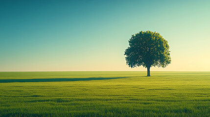 Fototapeta premium A Solitary Tree Stands in a Vast Green Field Under a Clear Blue Sky During Early Morning Hours Near a Peaceful Countryside Landscape
