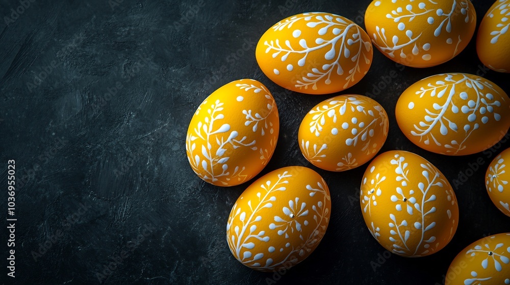 Poster yellow easter eggs painted hand with delicate designs placed on a sleek dark surface the flat lay se