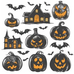 halloween pumpkins and bats on a white background