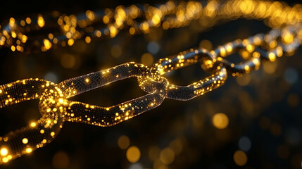 A Close-Up of a Shimmering Golden Chain Link Illuminated by Sparkling Lights Against a Dark Background