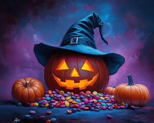 A whimsical Halloween scene featuring a jack-o'-lantern wearing a hat, surrounded by colorful candies and pumpkins against a mysterious backdrop.