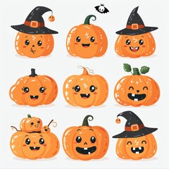 Fototapeta premium halloween pumpkin set with faces and hats