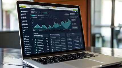 A Laptop Displaying a Data Analytics Dashboard With Graphs and Statistics in a Modern Workspace During Daytime