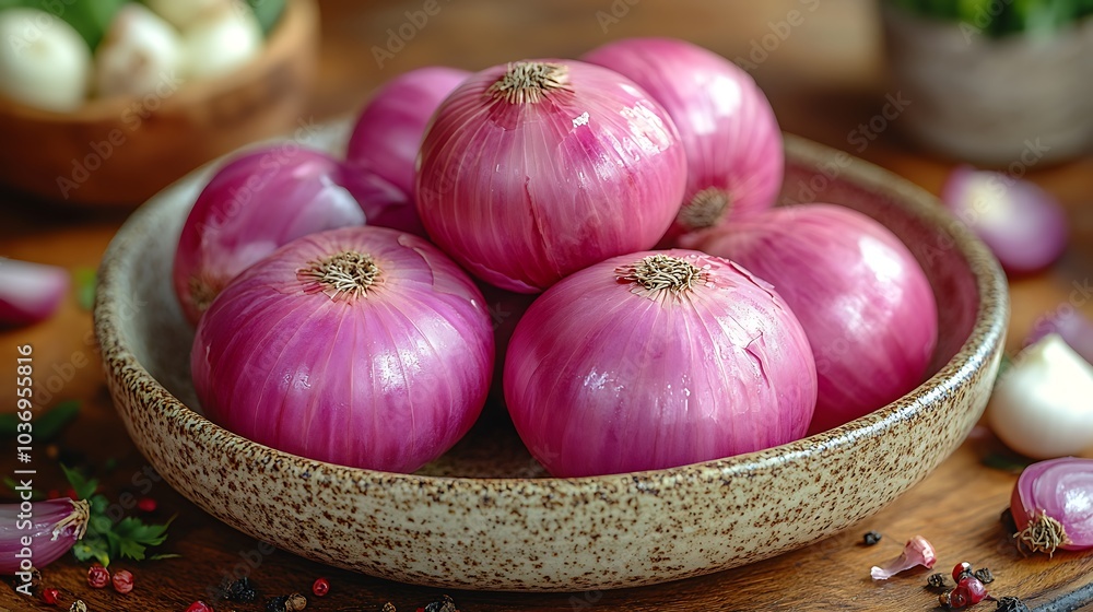 Wall mural a bowl of fresh red onions with peppercorns on a wooden table.