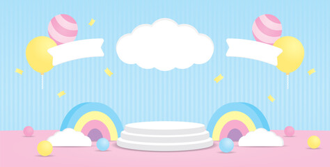 cute kawaii style display stage with rainbow props and cloud sign and fantasy balloons on bright pastel blue wall and pink floor 3d illustration vector for putting object or product