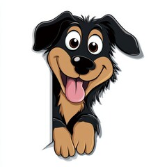 Fototapeta premium A charming black-and-brown dog peeks out from behind a sign, its tongue hanging to the side