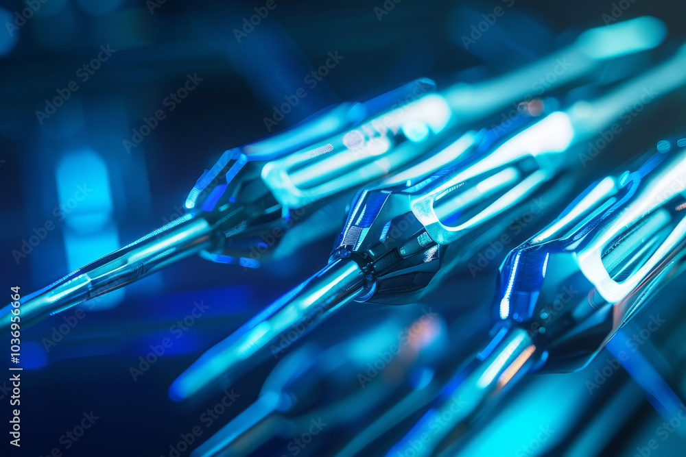 Aufkleber three sharp metal objects with blue tips are shown in a close up