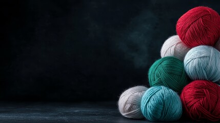  A stack of yarn balls on a black surface against a dark backdrop