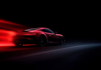Naklejka premium A red sports car drives on a dark road, its side illuminated by a matching red streak of light