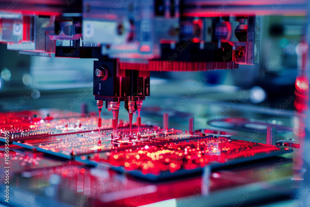 Poster a machine is printing a circuit board with red lights