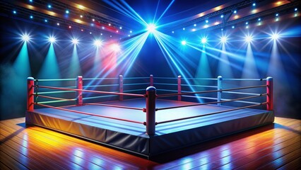 Colorful lucha libre ring ropes and turnbuckles surround a empty wrestling mat, spotlight shining down, awaiting the iconic masked wrestlers' high-flying action.