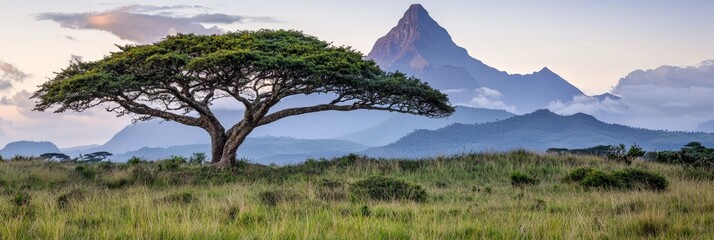Fototapeta premium A vast tree stands in a sprawling grassy field, framed by a distant mountain range, while wispy clouds drift across the azure sky