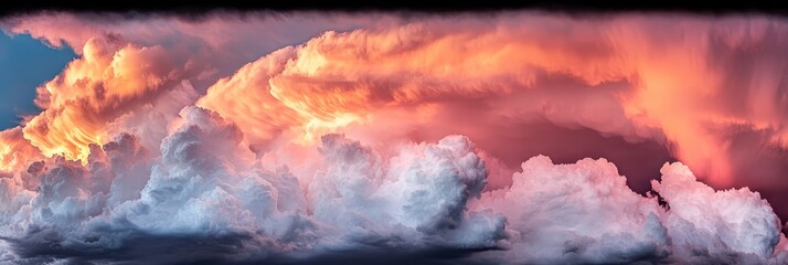 A vast orange-pink cloud assemble beneath a blue sky, framing a plane in the foreground