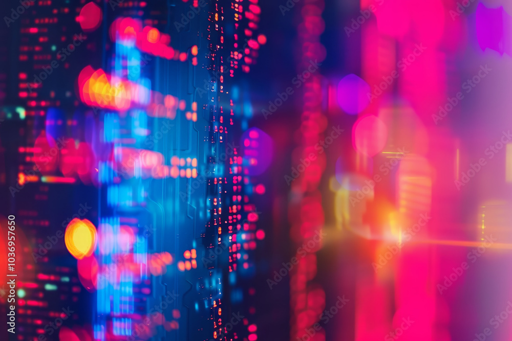 Poster a computer screen with a lot of numbers and a bright pink background