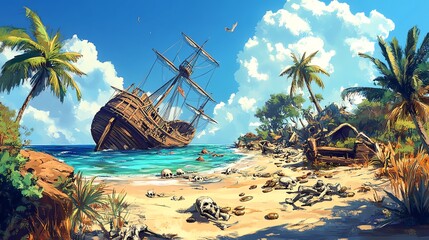 Abandoned shipwreck on a tropical beach.