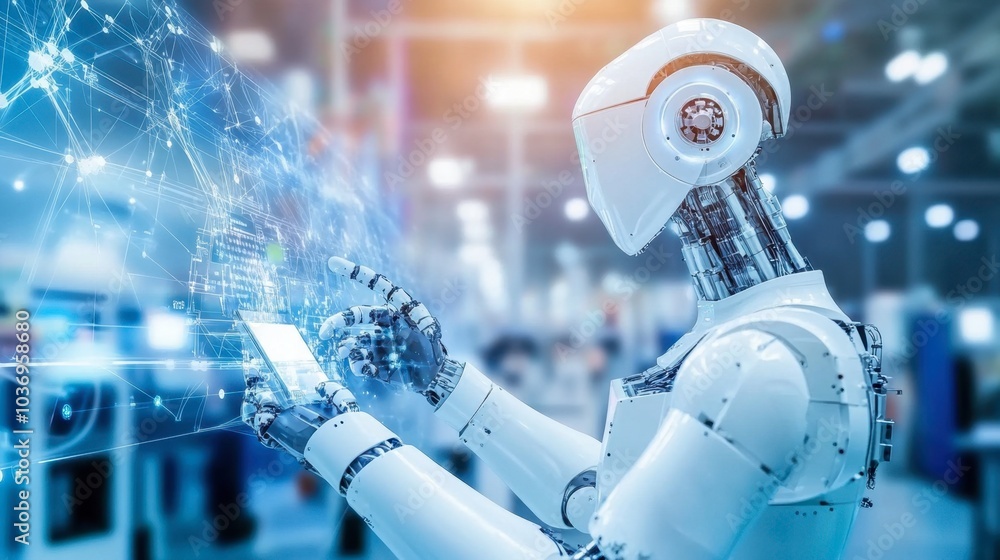 Poster futuristic robot interacting with technology and data