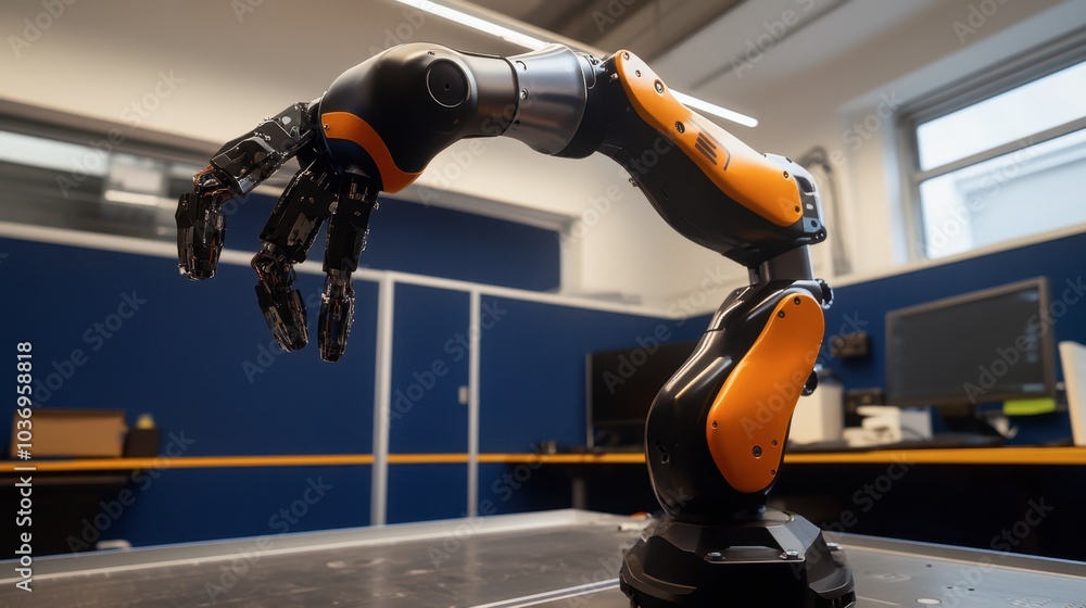 Poster robotic arm in modern workspace setting