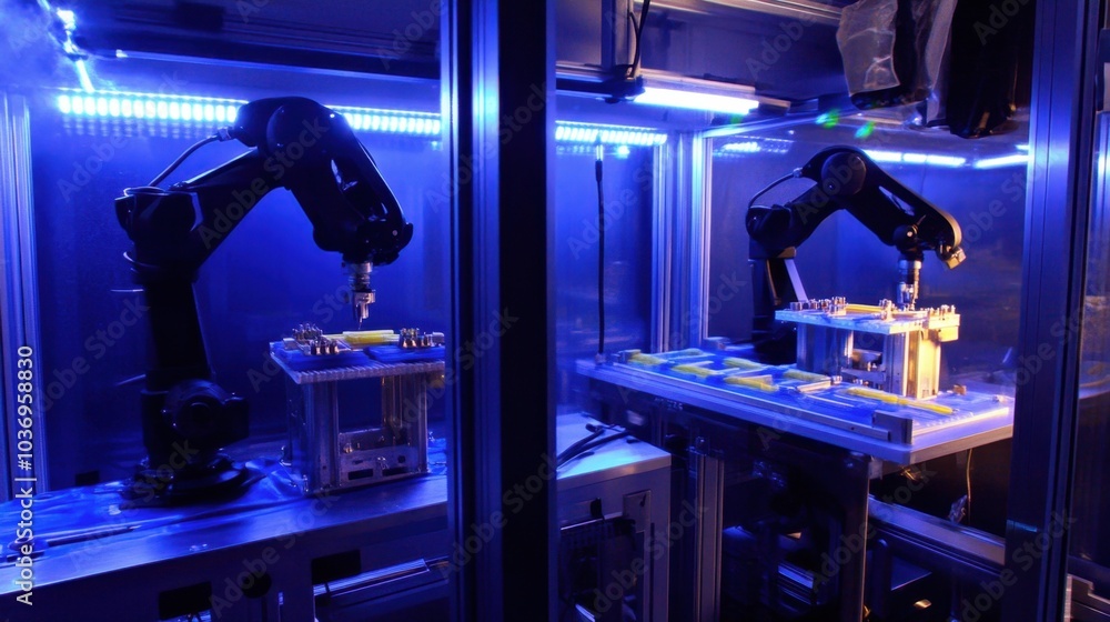 Poster robotic arms in action within high-tech environment
