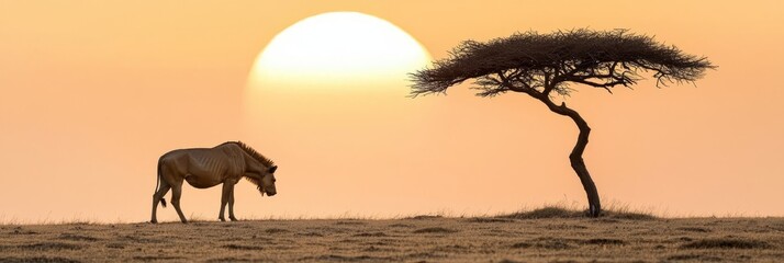  A giraffe near a tree against a sunset backdrop with a solitary tree in the foreground