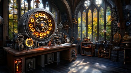 Obraz premium Steampunk Workshop with Glowing Gears and Wooden Desk