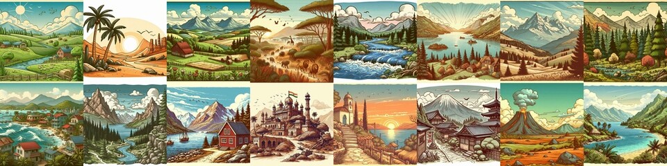 Cartoon landscapes. AI generated illustration