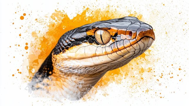  A tight shot of a snake's head displaying a yellow mark in its mouth's center