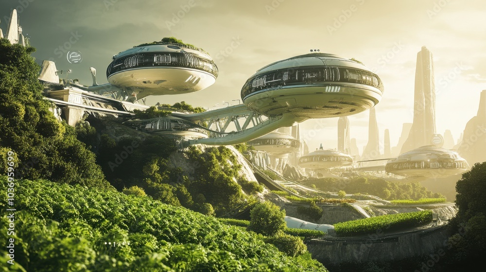 Poster futuristic landscape with floating structures and nature