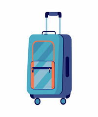 Hand luggage, baggage with handle and spinner wheels. Packed suitcase for holiday. Bag, travel accessory, touristic valise, case, carry-on. Flat vector illustration isolated on white background
